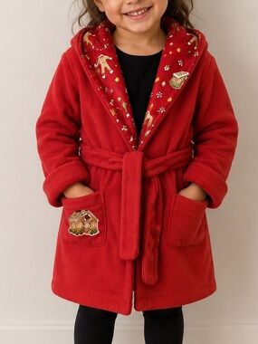 Nick & Nora Kids Size 4T Red Fleece Christmas Sock Monkey Hooded Bathrobe